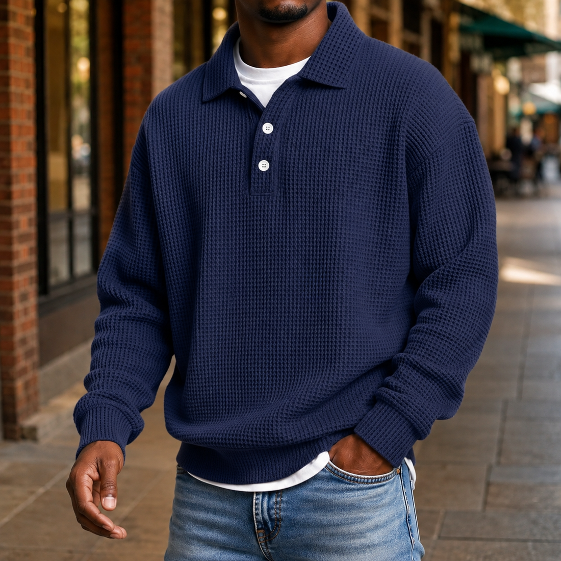 Alec Waffle Polo - Navy Blue