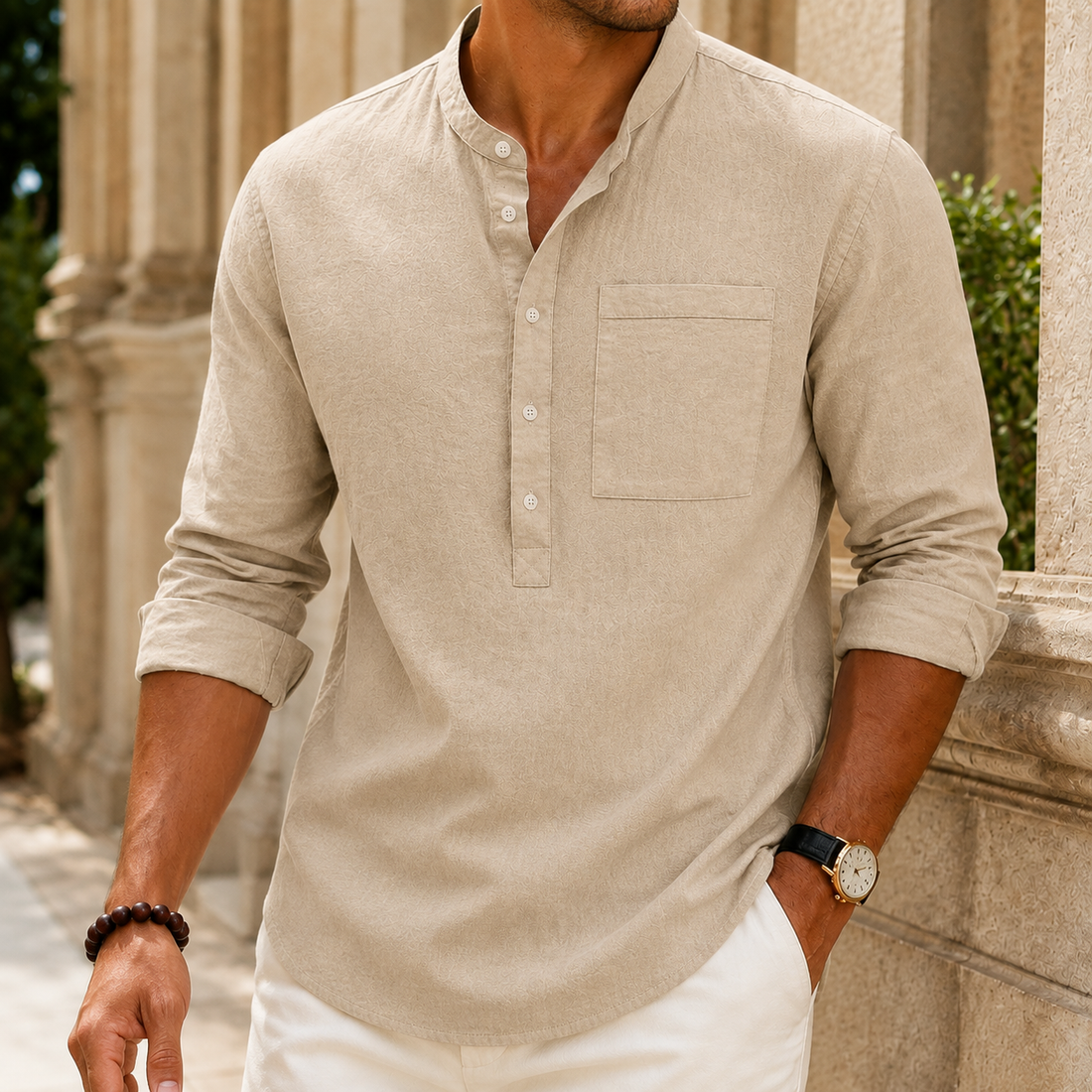 Reuben Stand Collar Shirt - Khaki Color