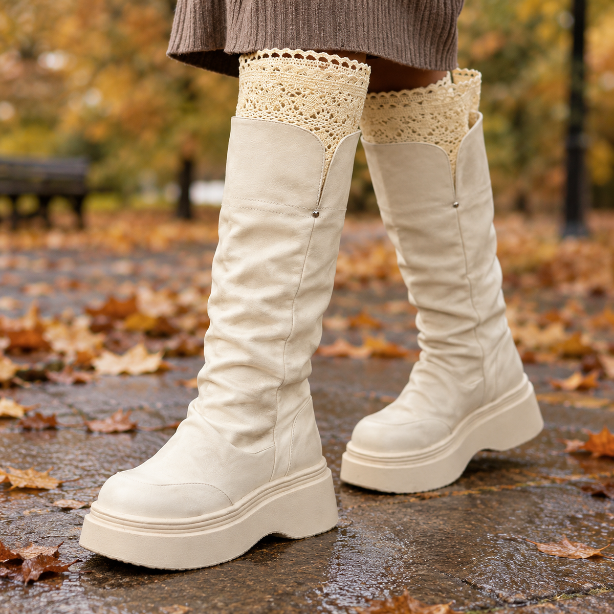 Bellagio Lace Cuff Boots - Off White