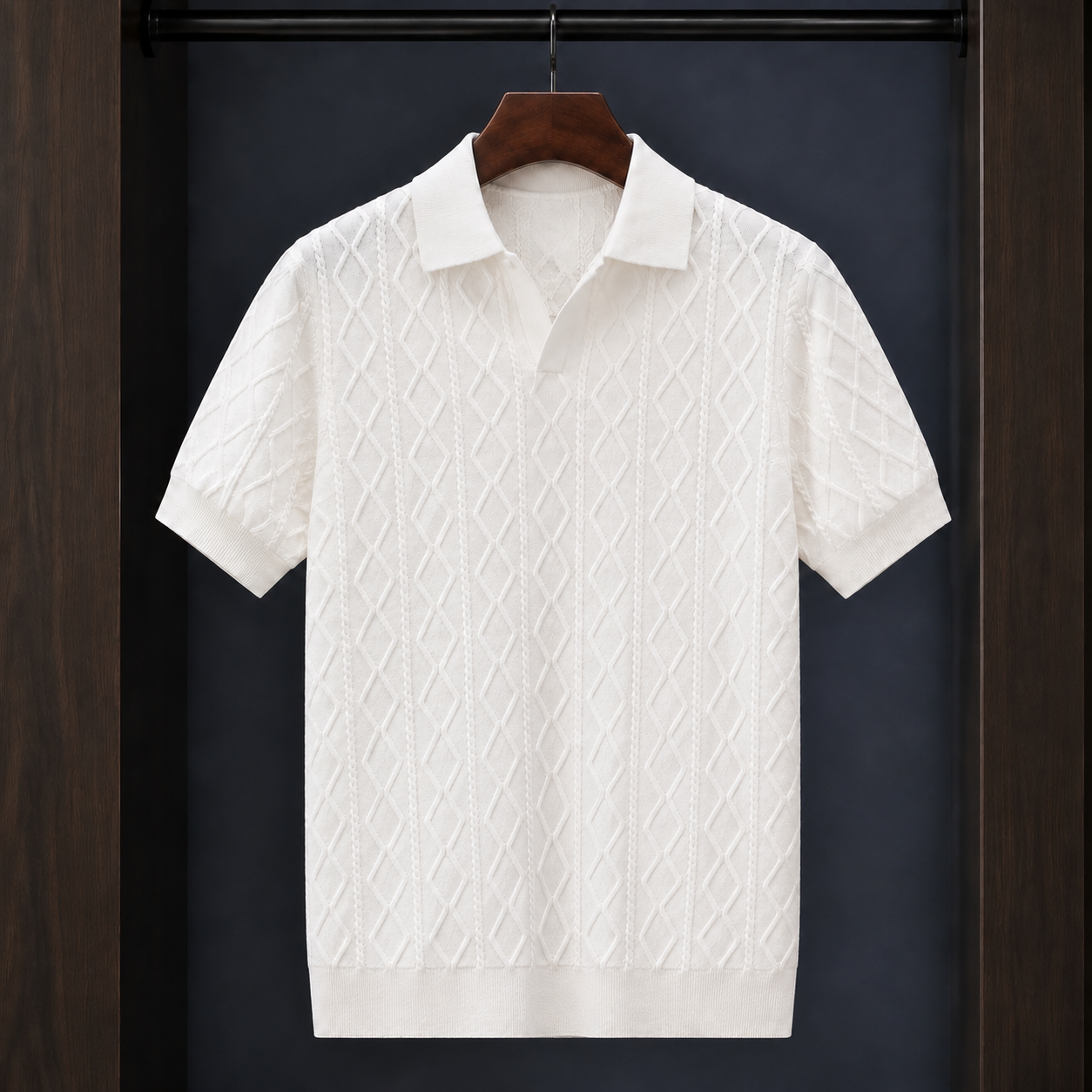 Giles Cable Knit Polo - White