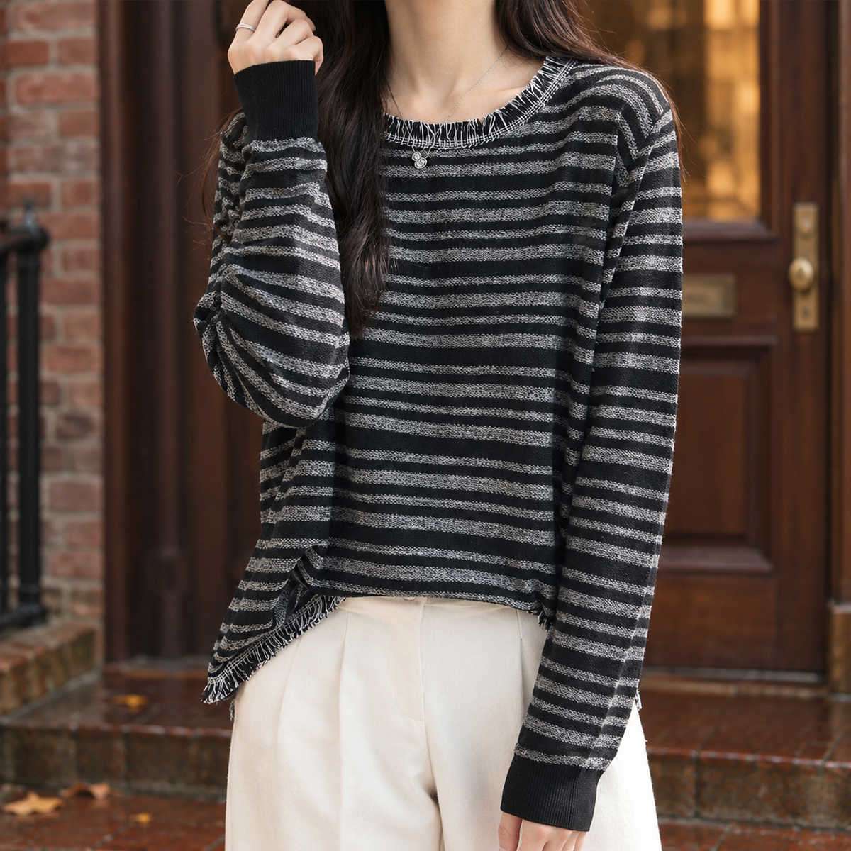 Cadence Fringed Sweater - Black Striped