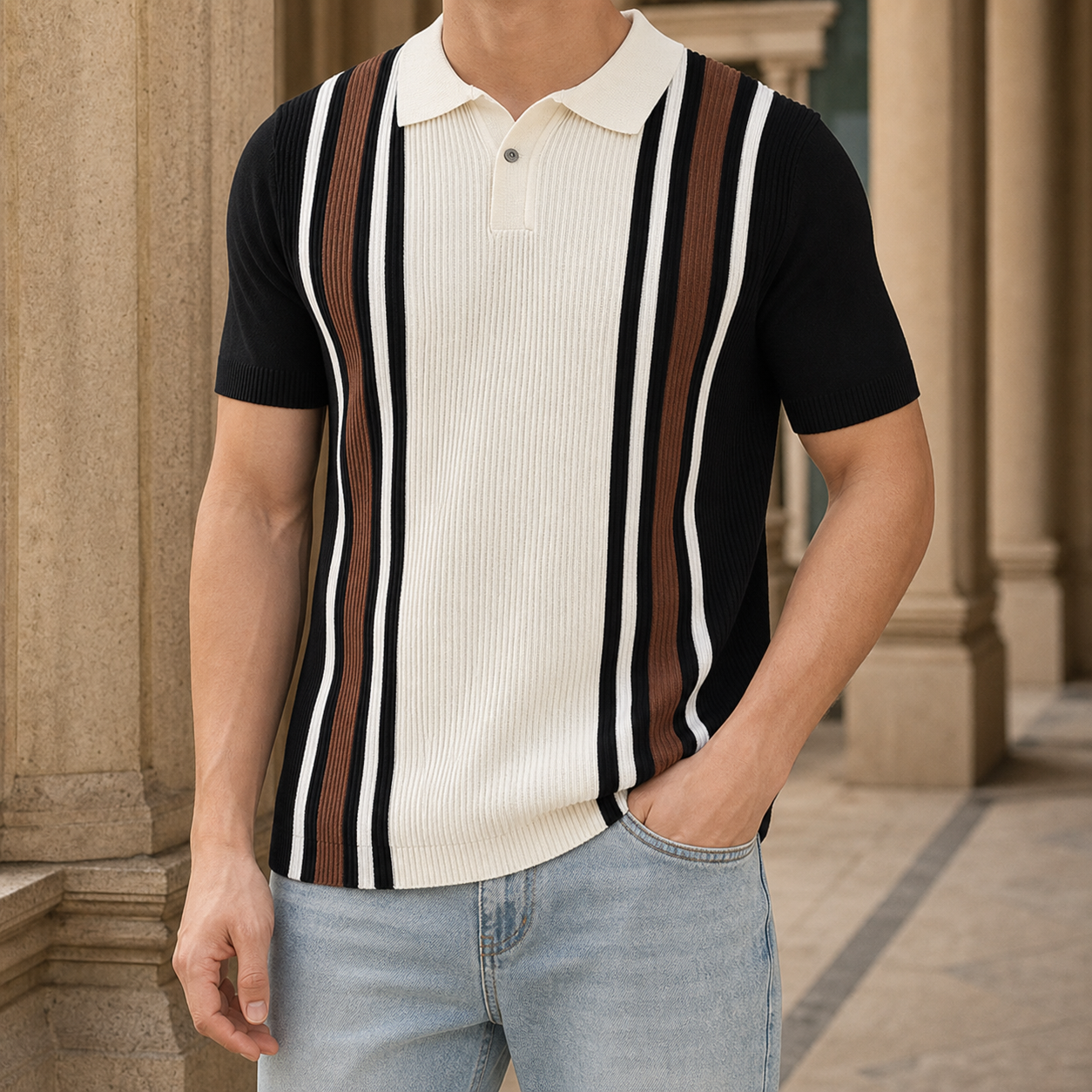 Griffin Striped Polo - Black
