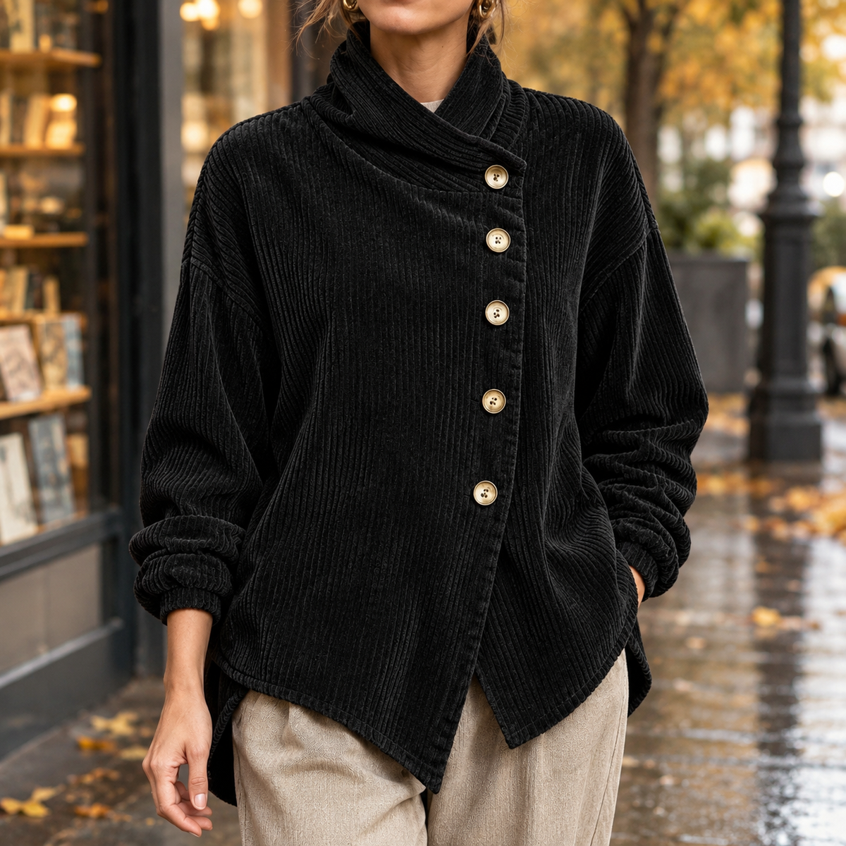 Fenna Asymmetric Corduroy Jacket - Black