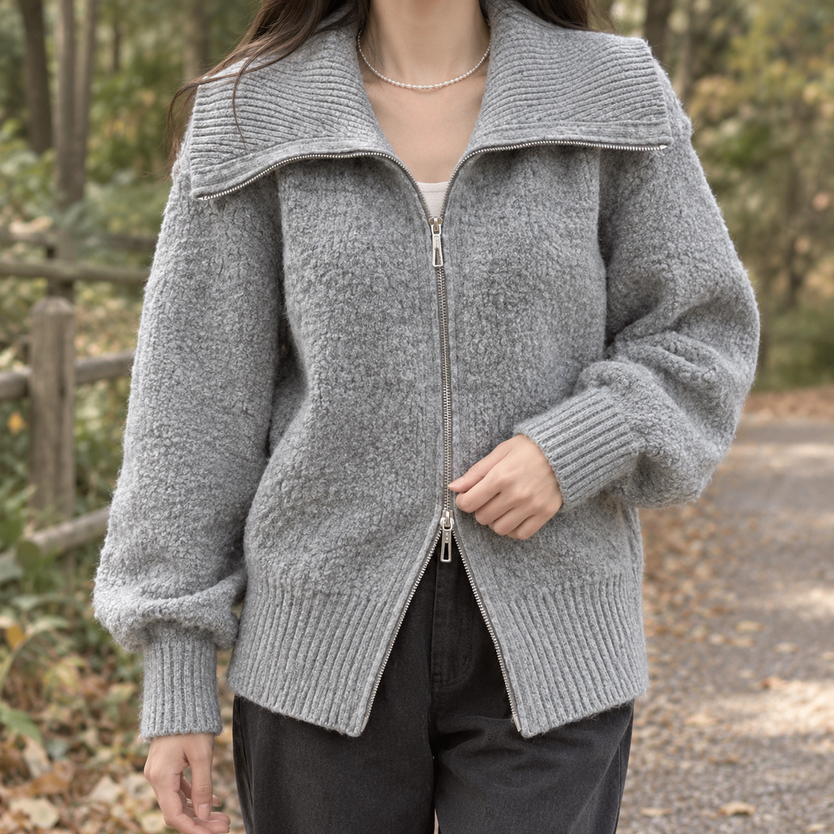 Delia Zip Collar Sweater - Gray