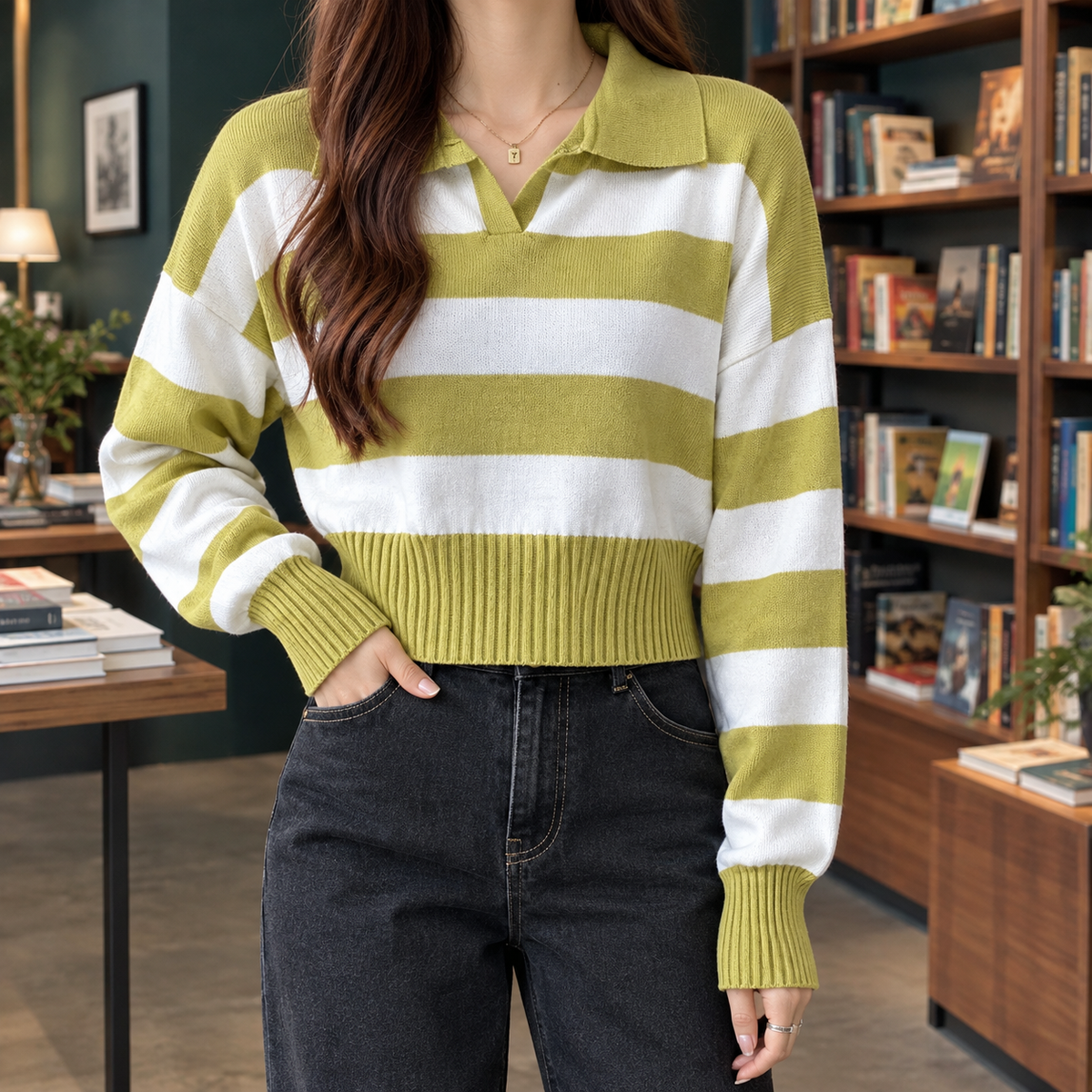 Bella Striped Polo Sweater - Green