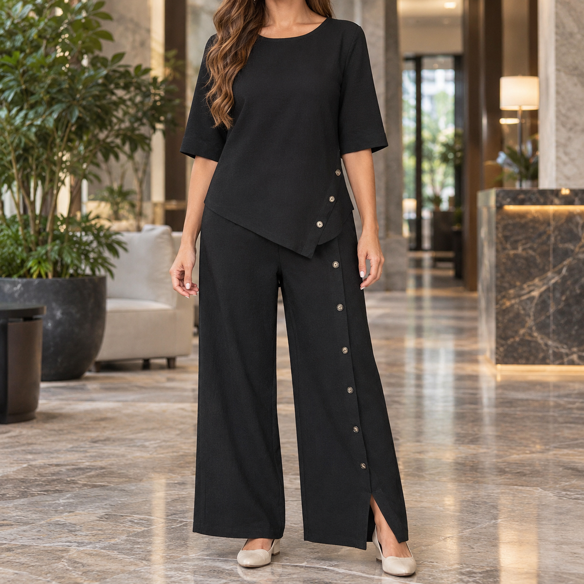 Ancelin Asymmetric Pants Set - Black