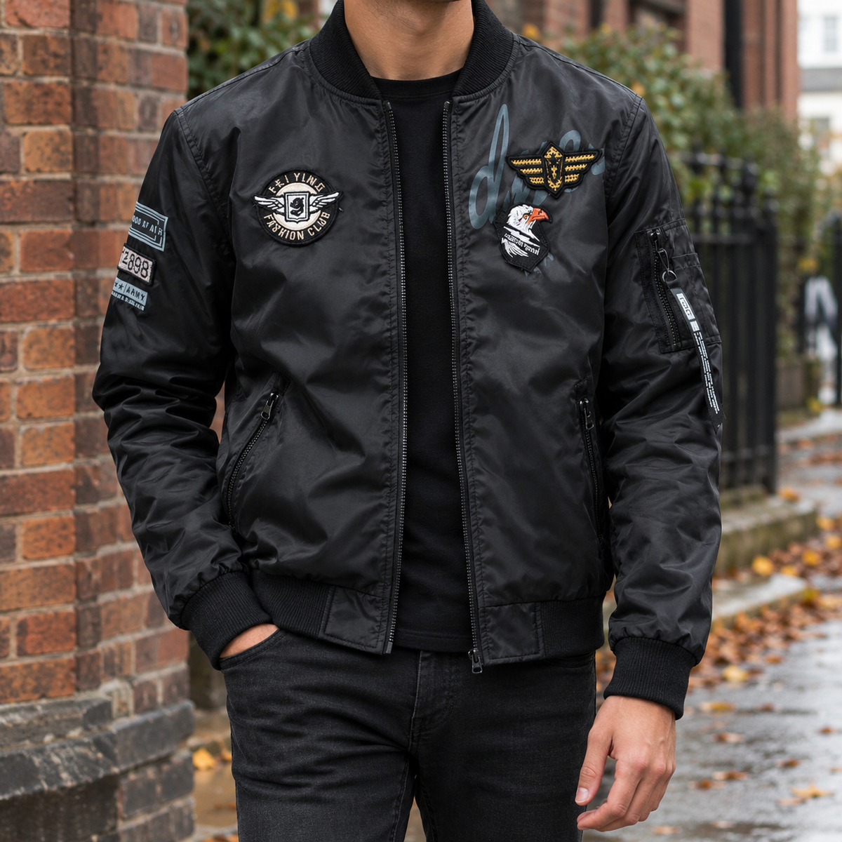 Gilles Badge Bomber Jacket - Black