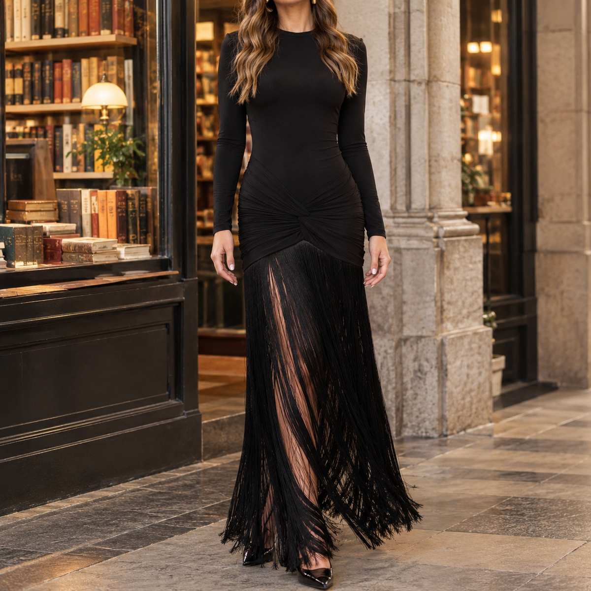 Bronwen Ruched Fringe Dress - Black