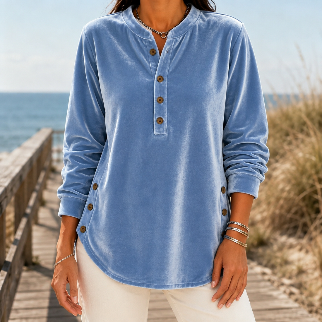 Elodie Velvet Henley Top - Blue