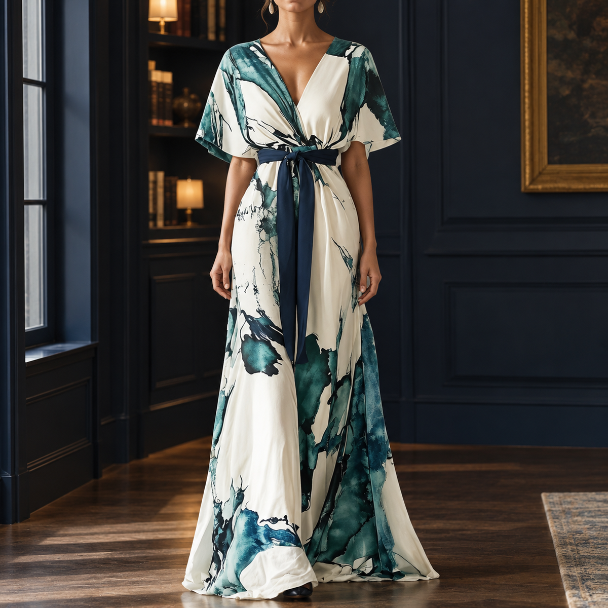 Bridget Belted Maxi Dress - White Green