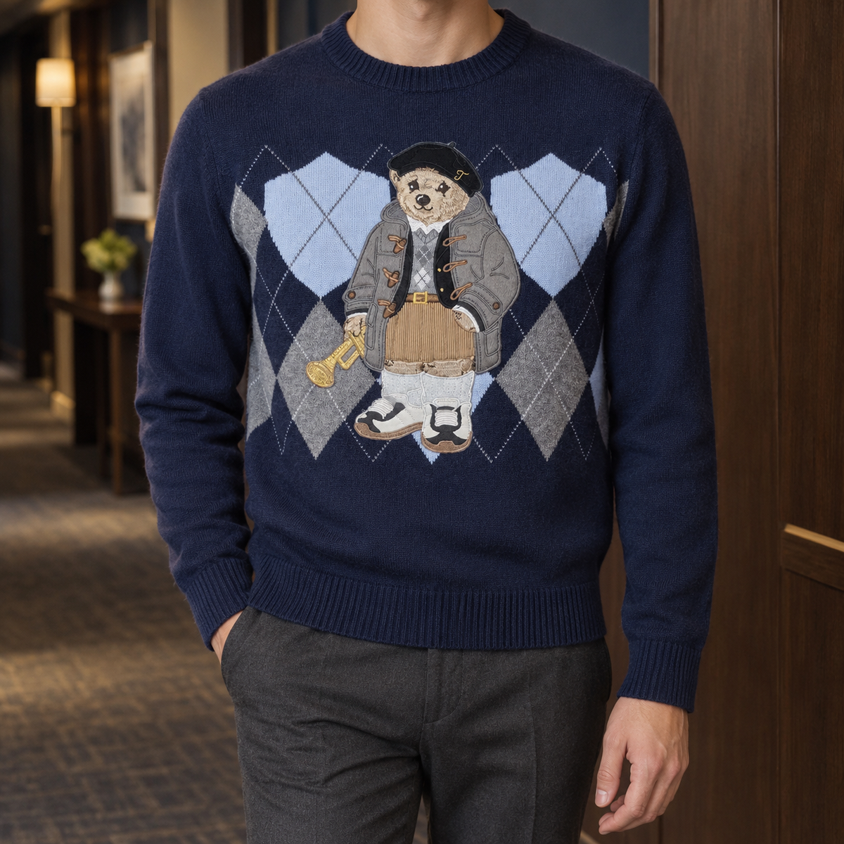 Havelock Argyle Sweater - Navy Blue