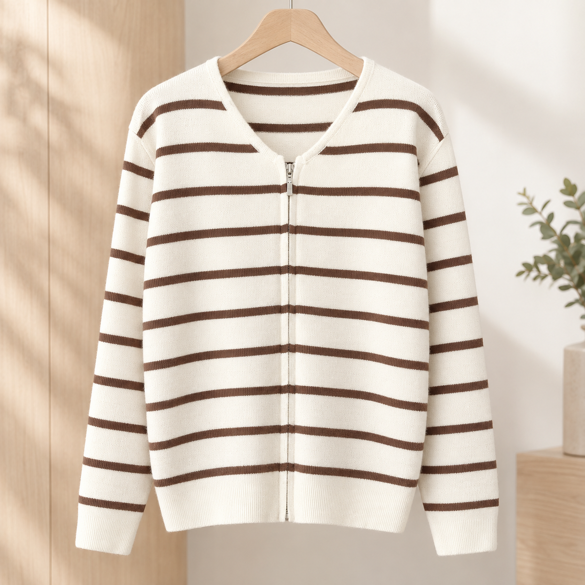 Torquil Striped Zip Cardigan - Cream Brown