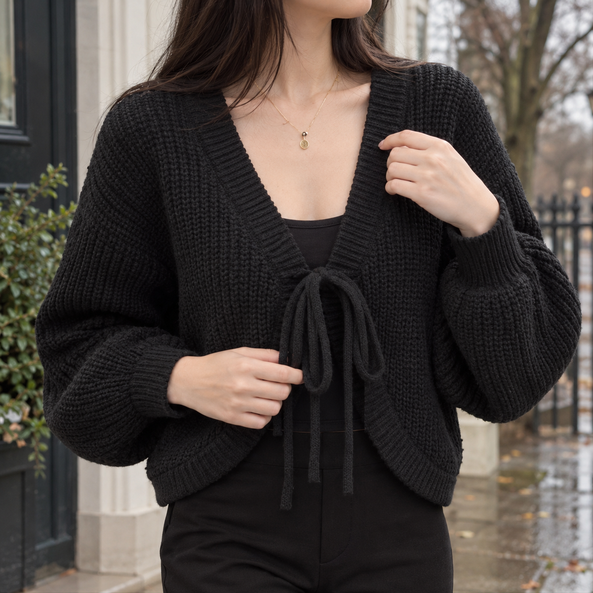 Perla Tie Front Cardigan - Black
