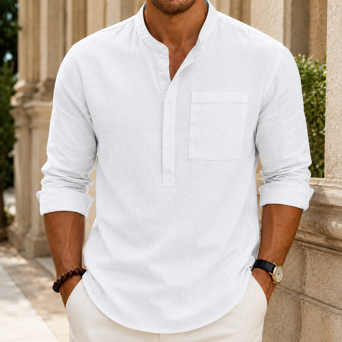 Reuben Stand Collar Shirt - White