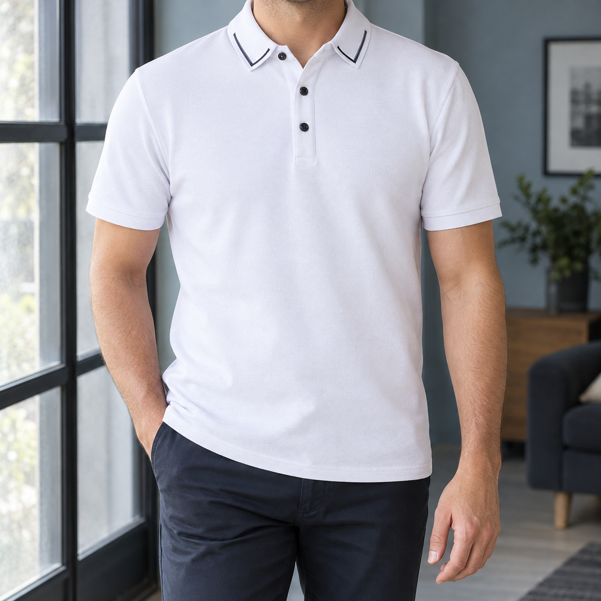 Arnaud Piped Collar Polo - White