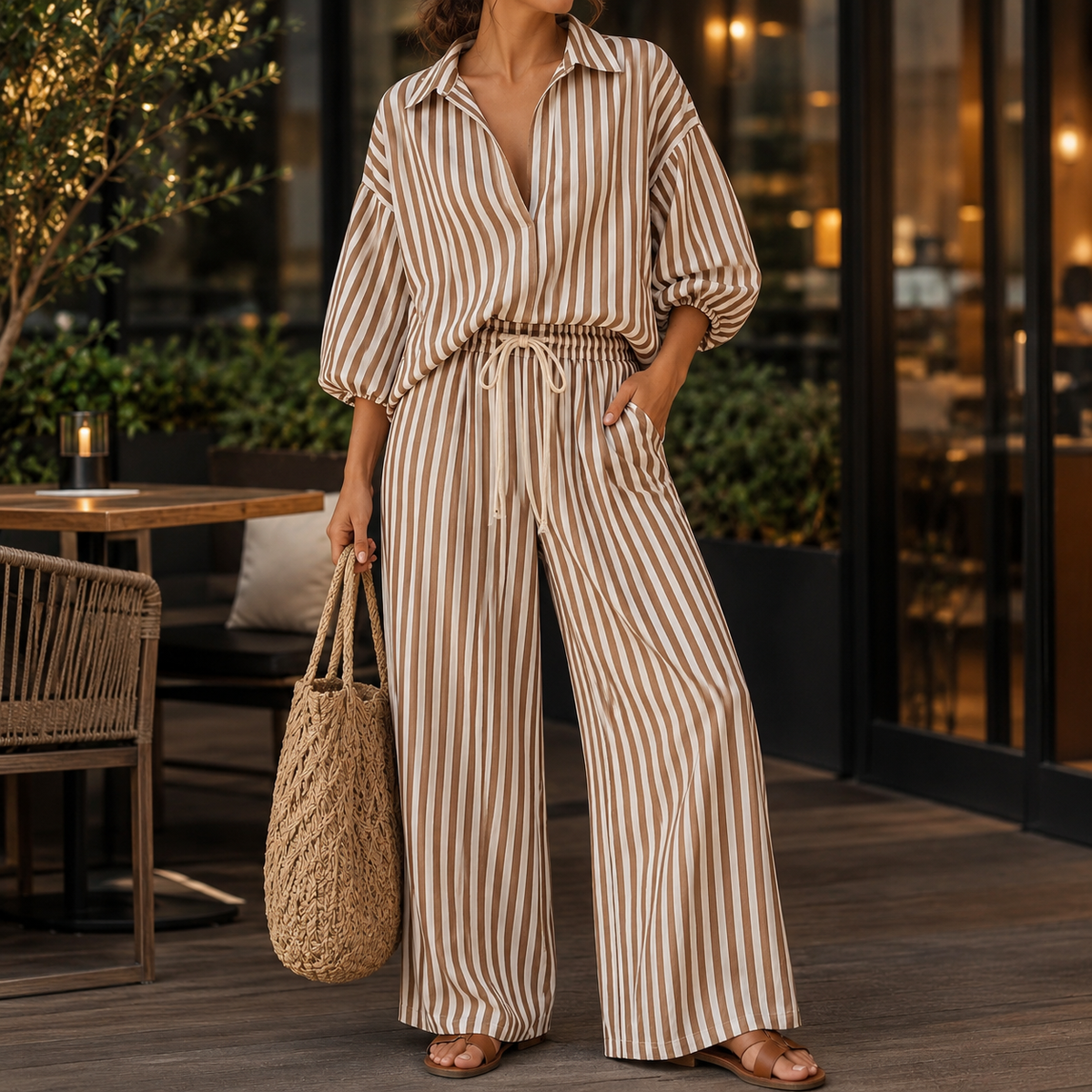 Apolline Striped Pants Set - Khaki