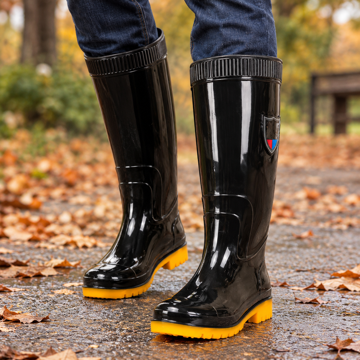 Messina High Rain Boots - High Tube Black Yellow Bottom