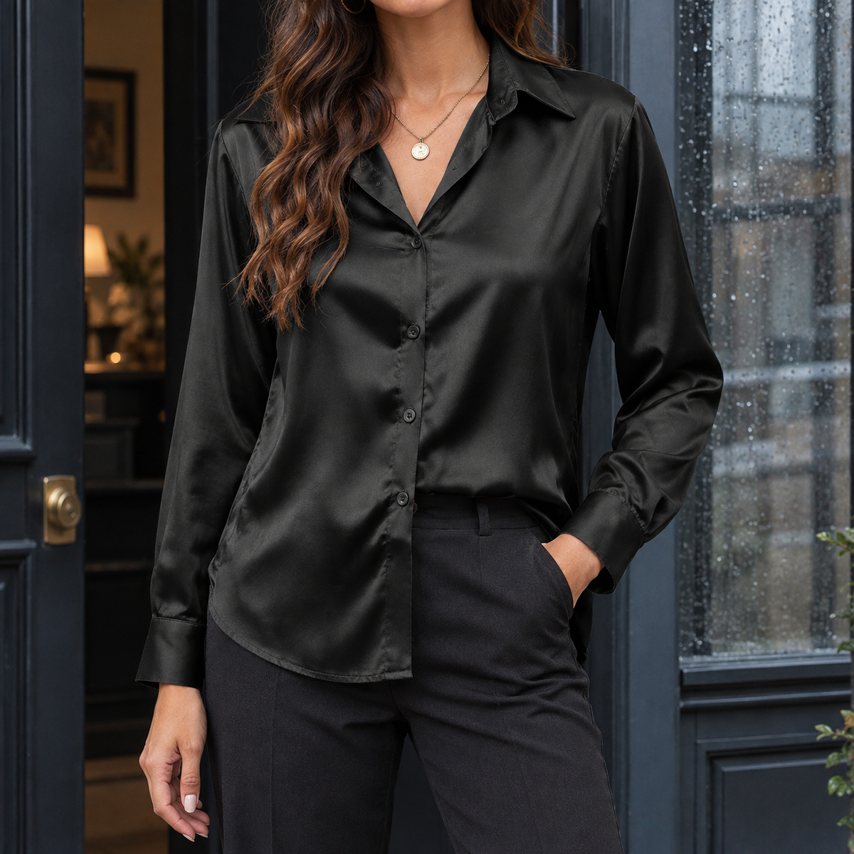 Tamsin Satin Shirt - Black