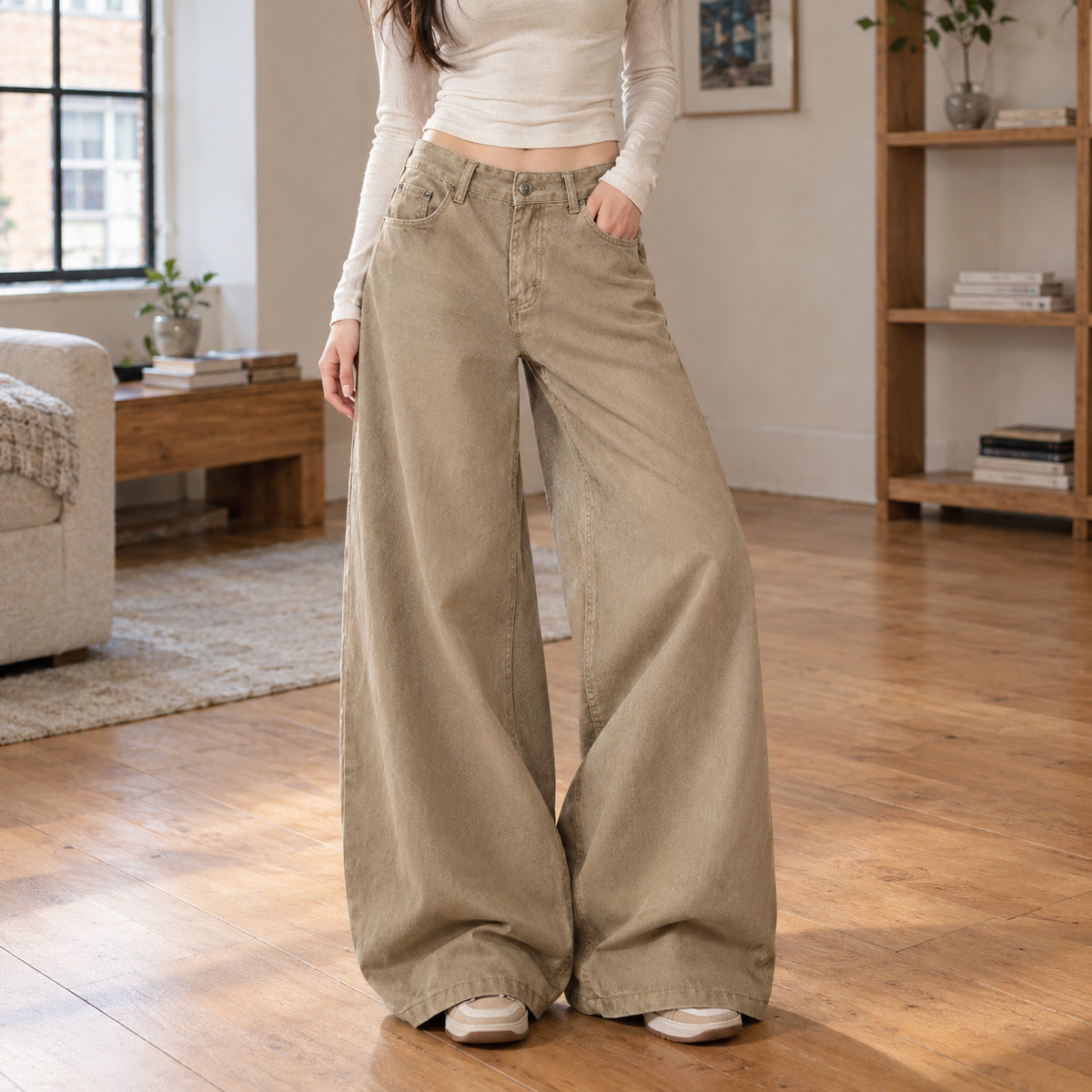 Michelle Wide Leg Jeans - Khaki
