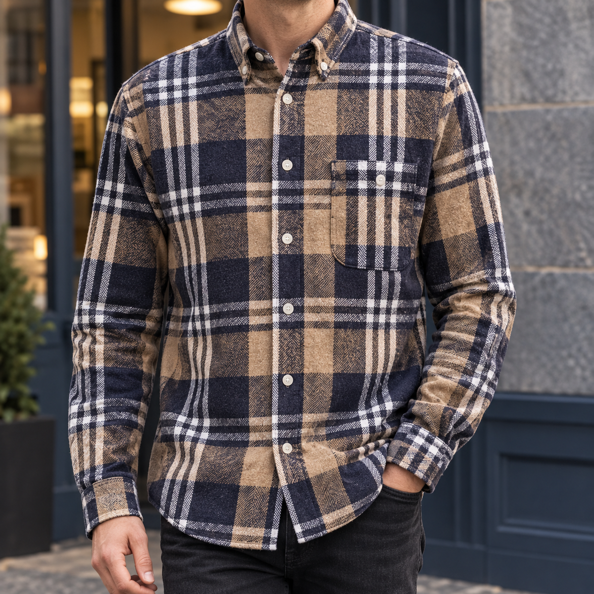 Joshua Plaid Shirt - Tan Navy Plaid