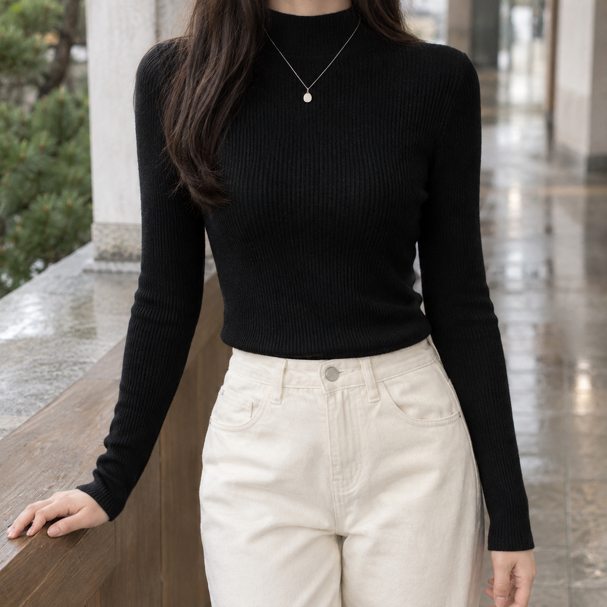 Sabine Ribbed Sweater - Half Turtleneck-black