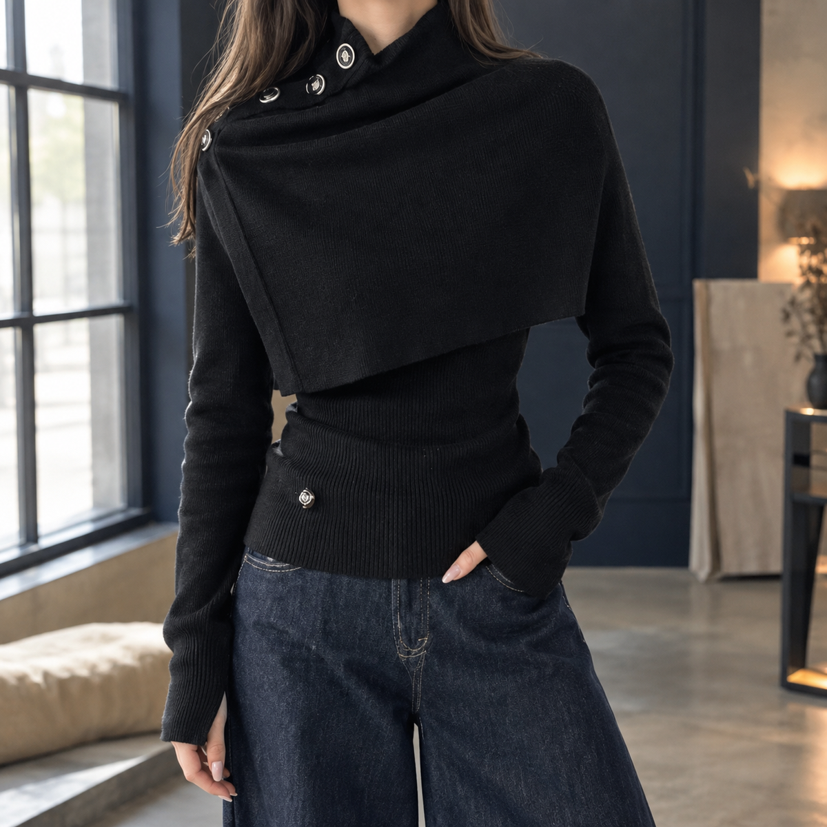 Yolande Layered Knit Set - Black