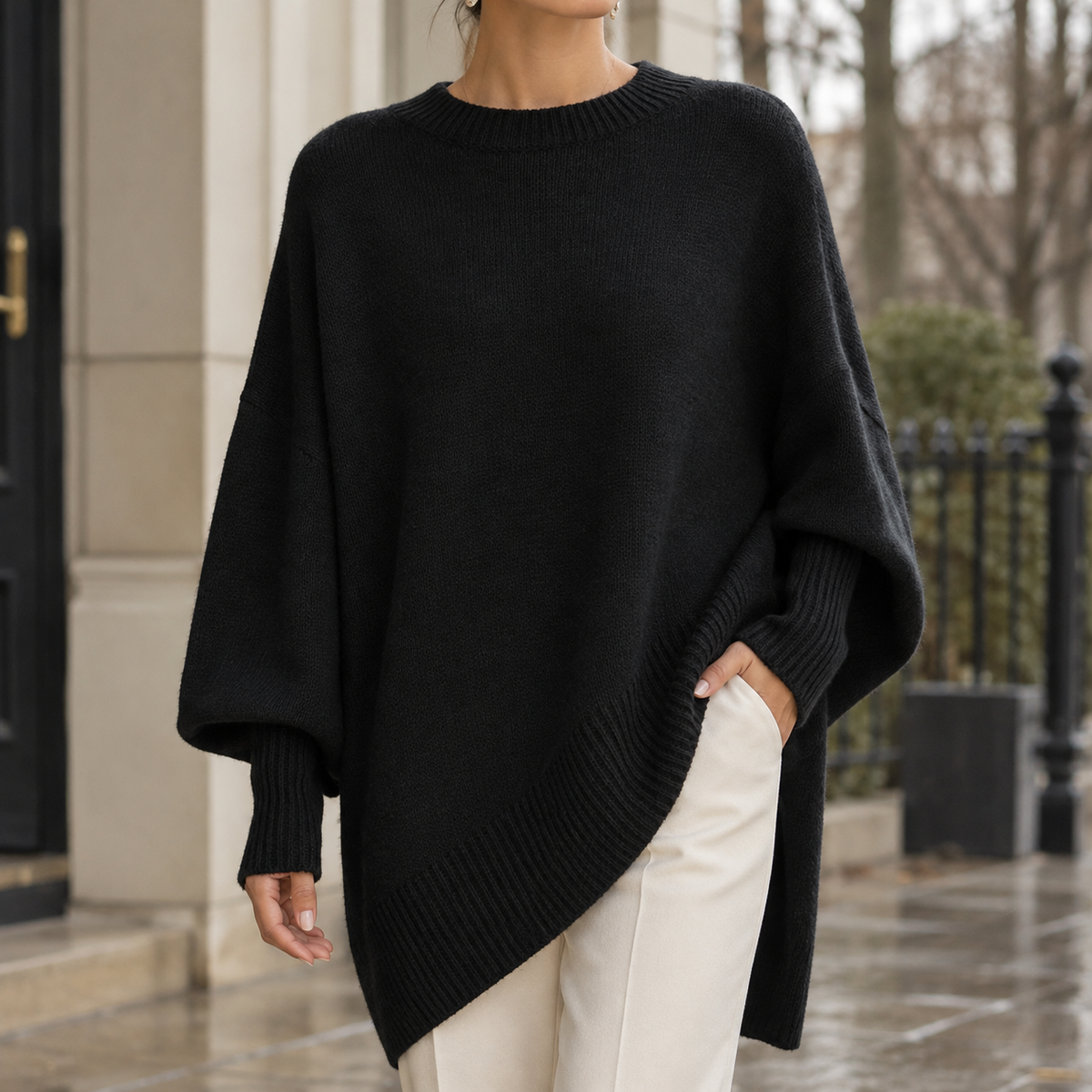 Ghislaine Asymmetric Wool Sweater - Black