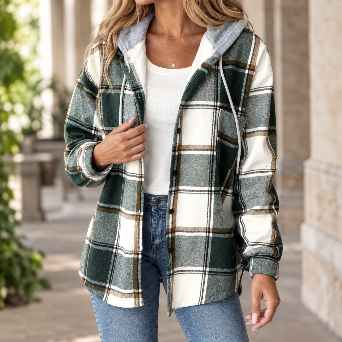 Penelope Plaid Hooded Jacket - Green