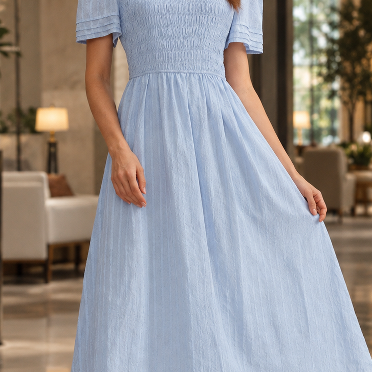 Morwenna Smocked Midi Dress - Lead Product Detail
