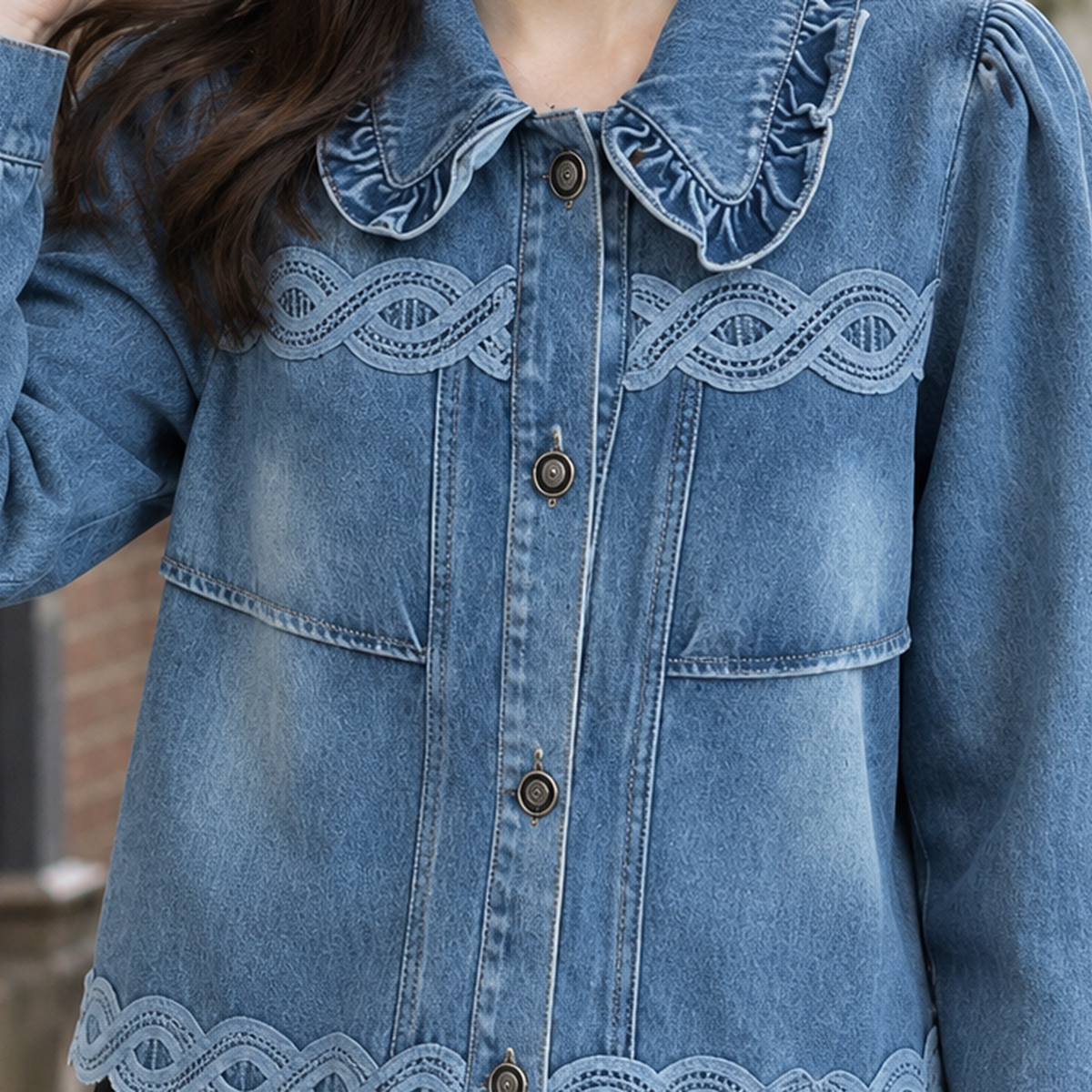 Susannah Ruffled Denim Jacket - Lead Product Detail