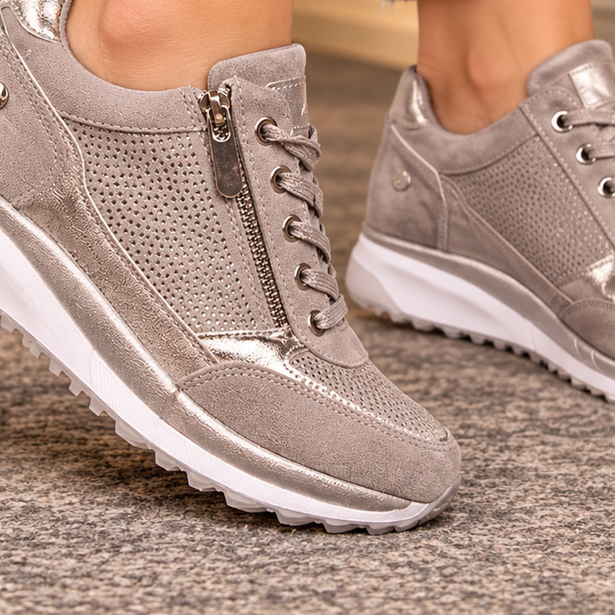 Sanguineti Metallic Wedge Sneakers - Lead Product Detail