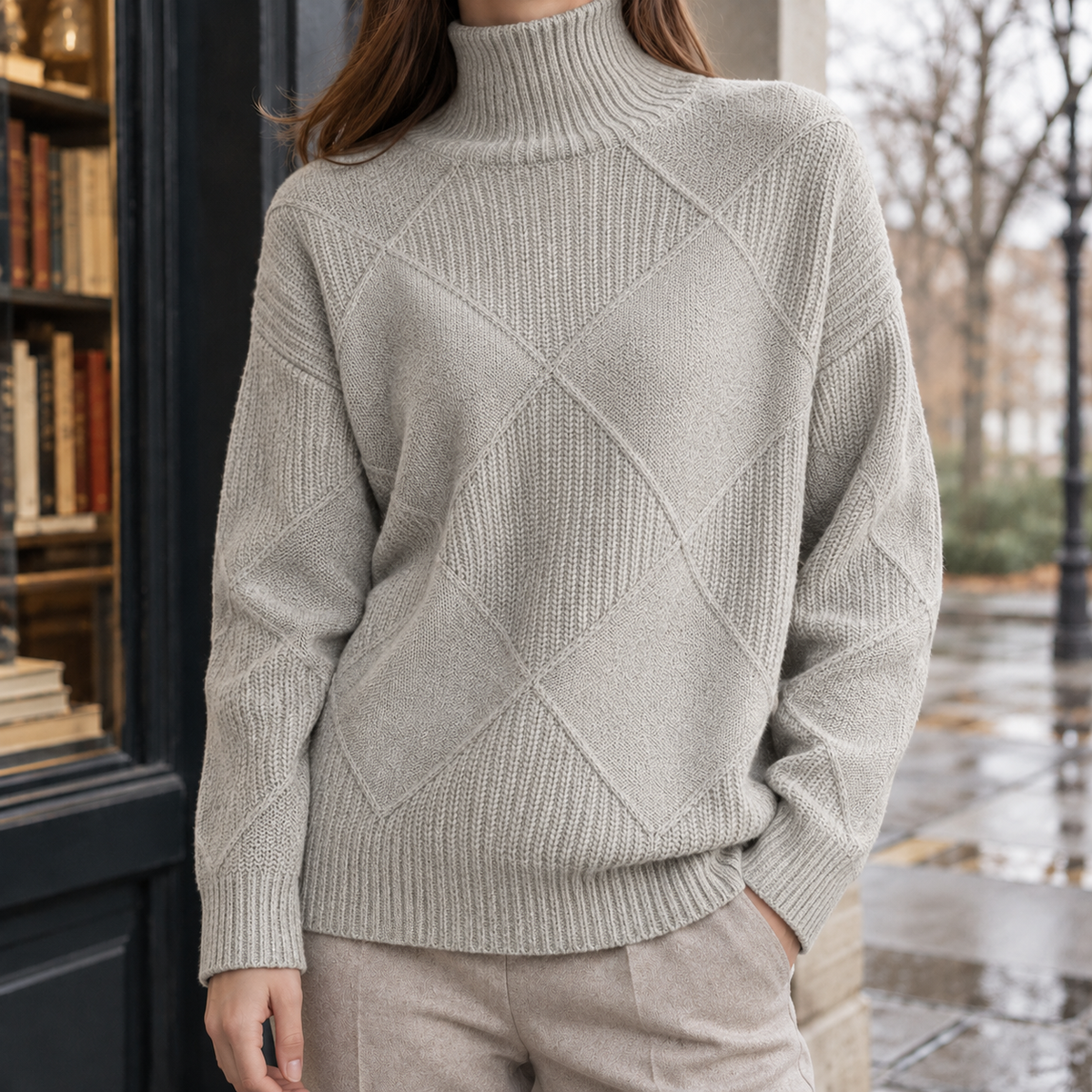 Samantha Diamond Turtleneck Sweater - Light Gray