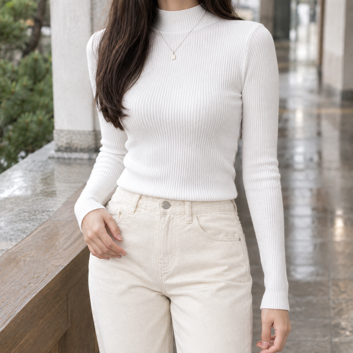 Sabine Ribbed Sweater - Half Turtleneck-white