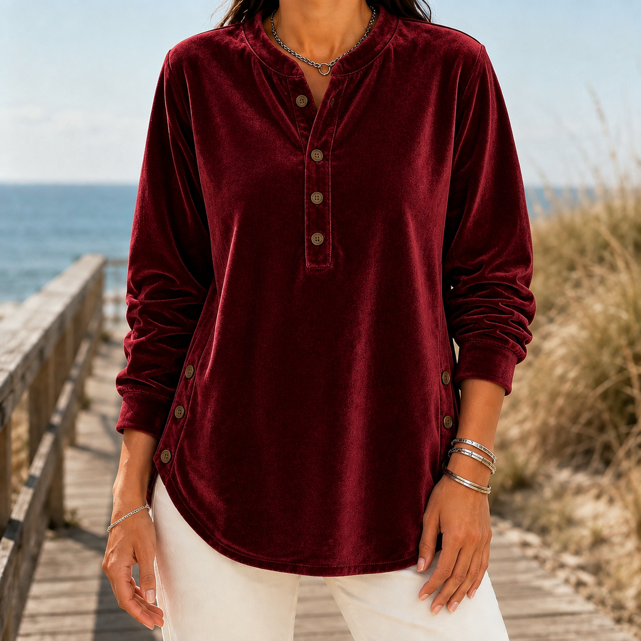 Elodie Velvet Henley Top - Burgundy
