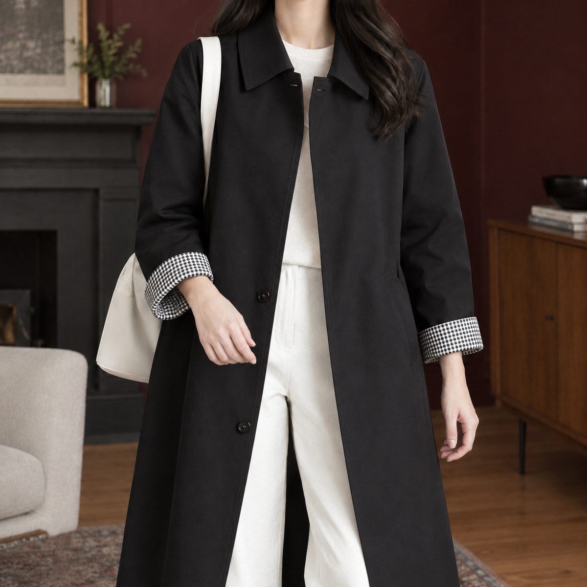 Heidi Gingham Cuff Overcoat - Black