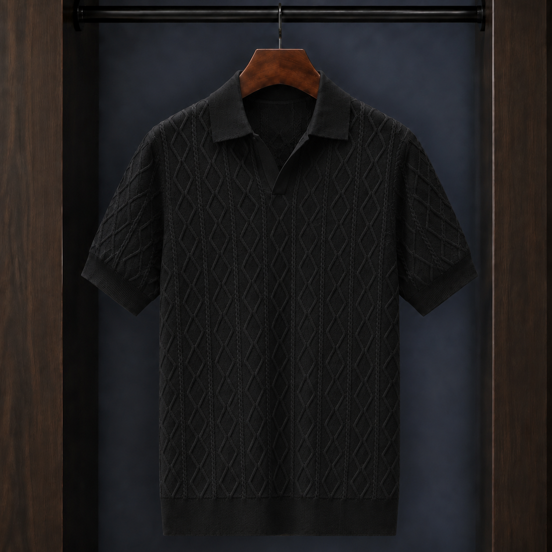 Giles Cable Knit Polo - Black