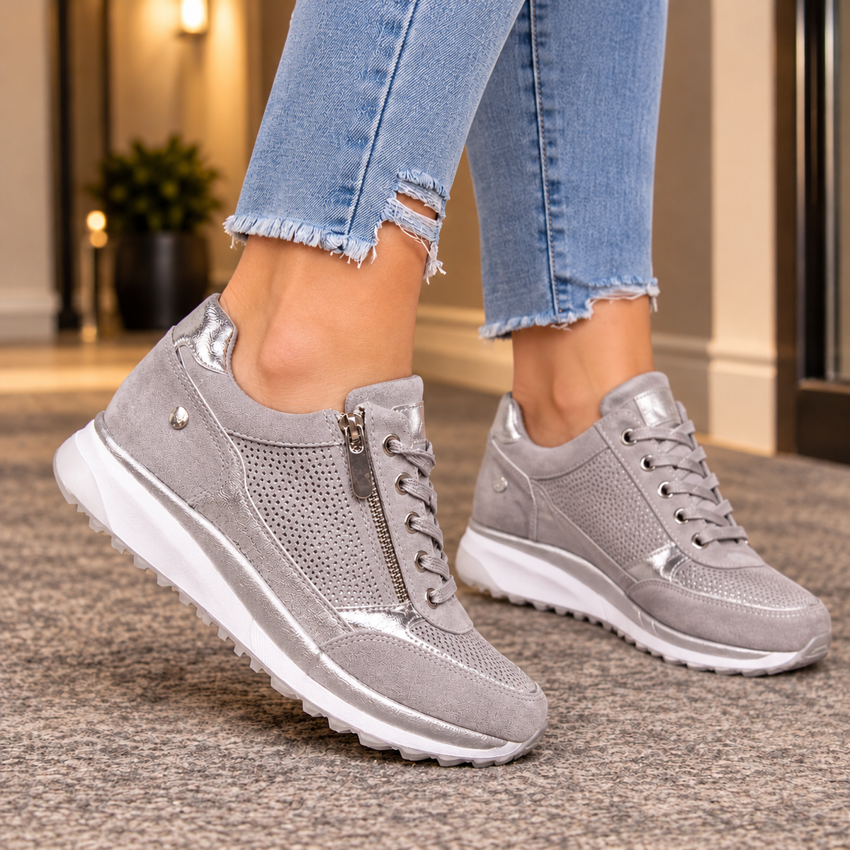Sanguineti Metallic Wedge Sneakers - Gray