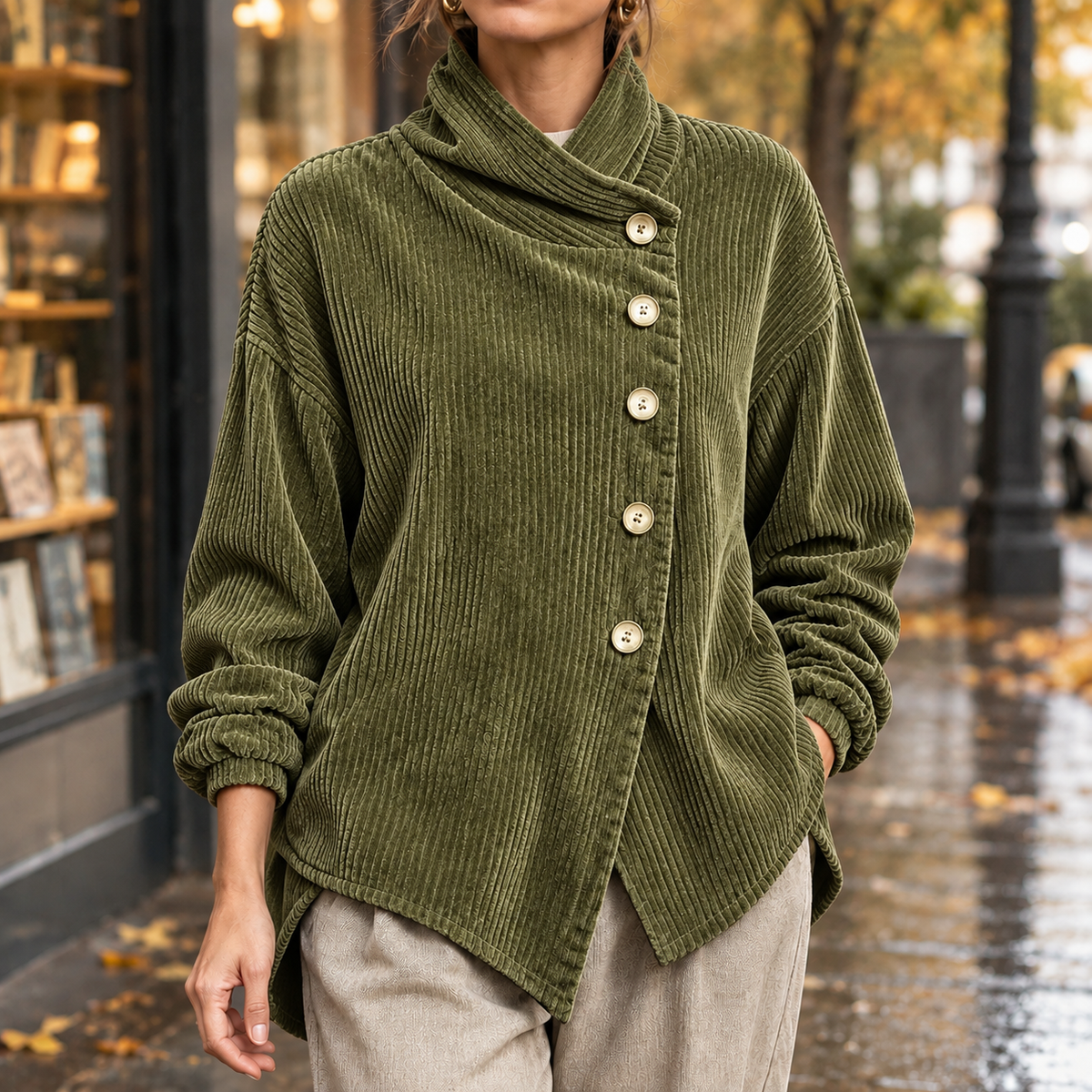 Fenna Asymmetric Corduroy Jacket - Olive Green