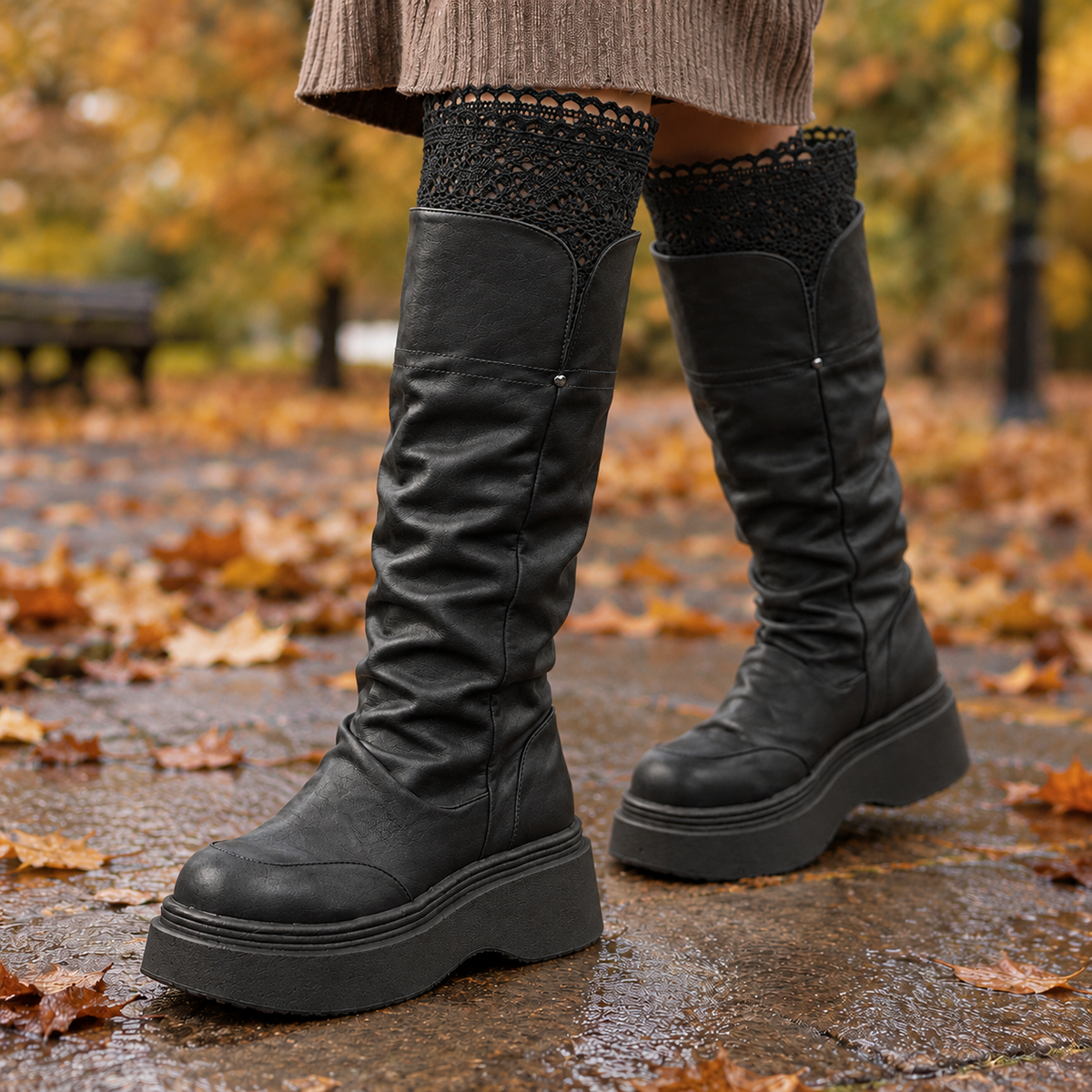 Bellagio Lace Cuff Boots - Black