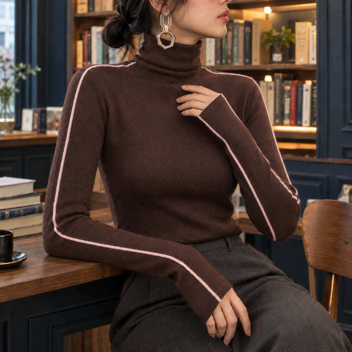 Annabelle Contrast Turtleneck - Brown Hot Commutin