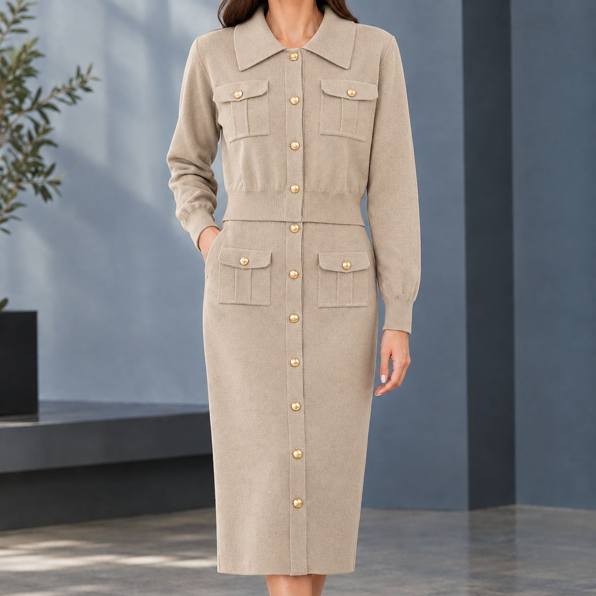 Fernanda Knitted Skirt Set - Beige