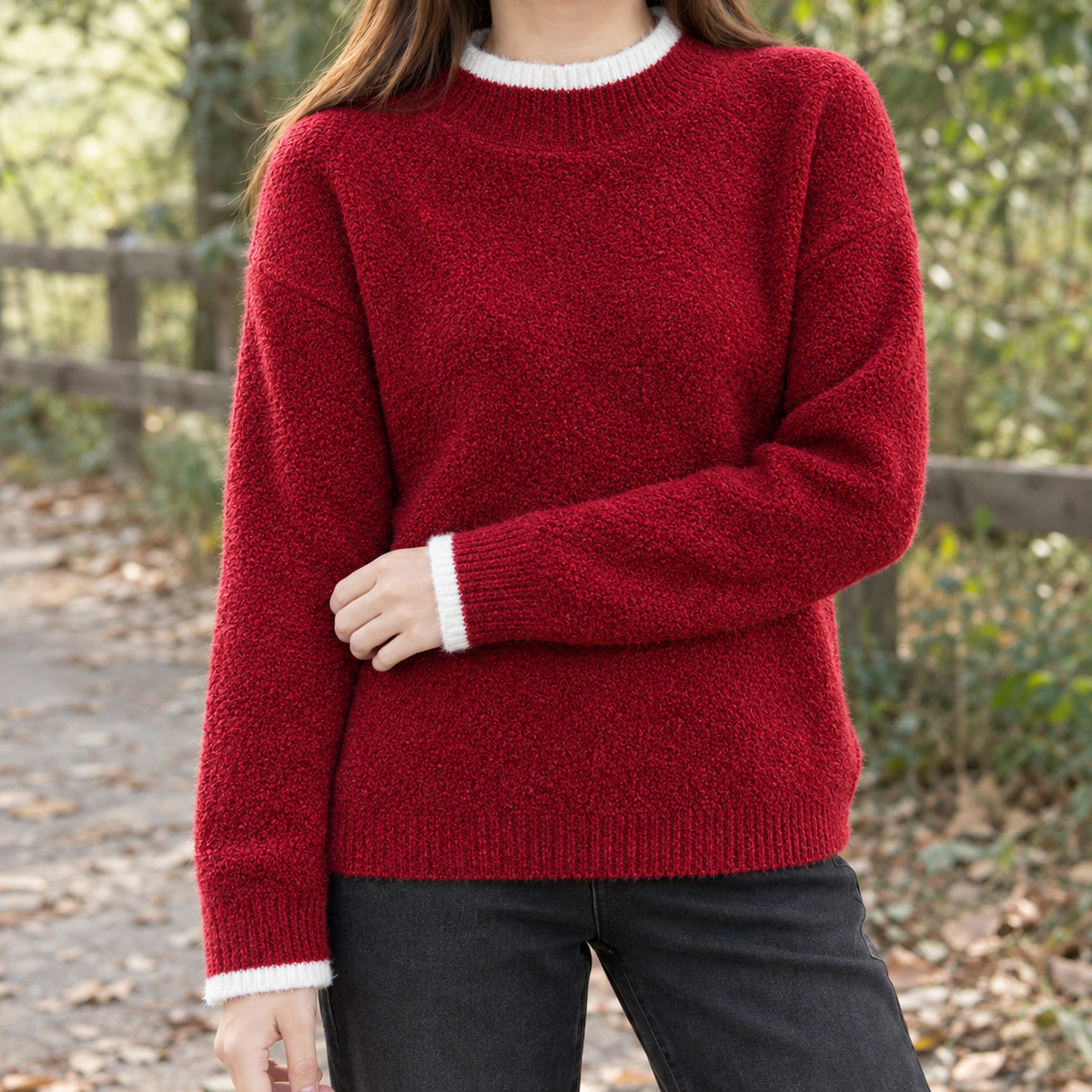 Catriona Contrast Trim Sweater - Red