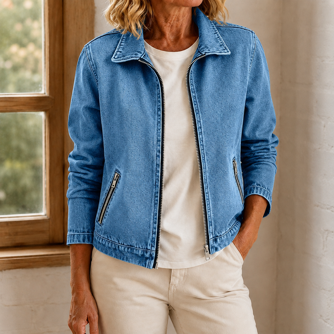 Greta Washed Zip Jacket - Medium Blue