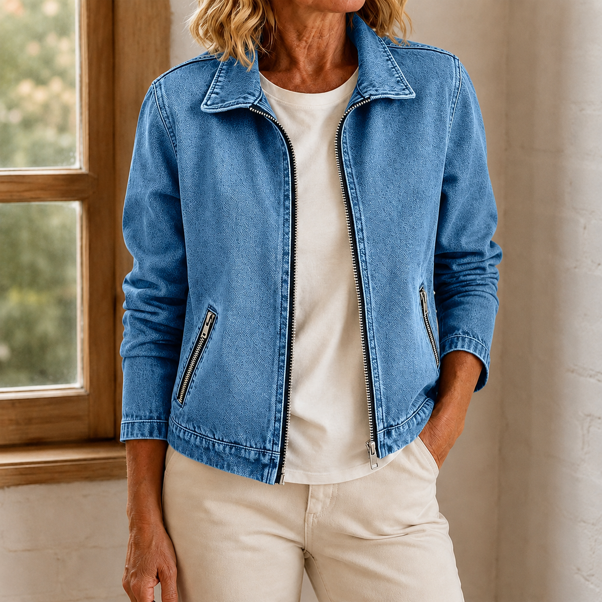 Greta Washed Zip Jacket - Medium Blue