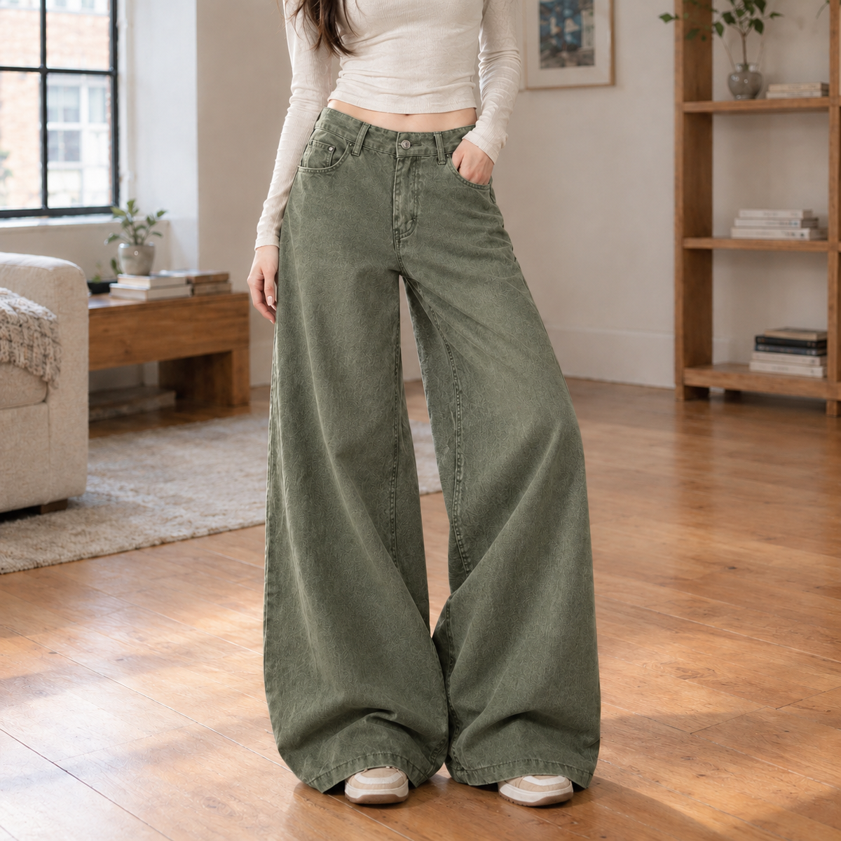 Michelle Wide Leg Jeans - Army Green