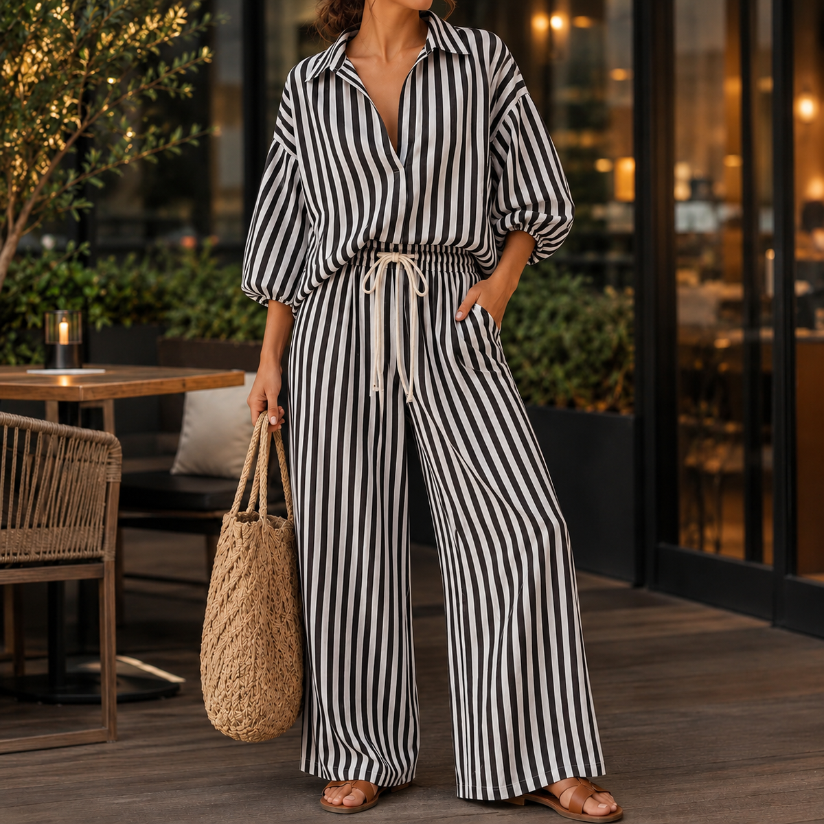 Apolline Striped Pants Set - Black