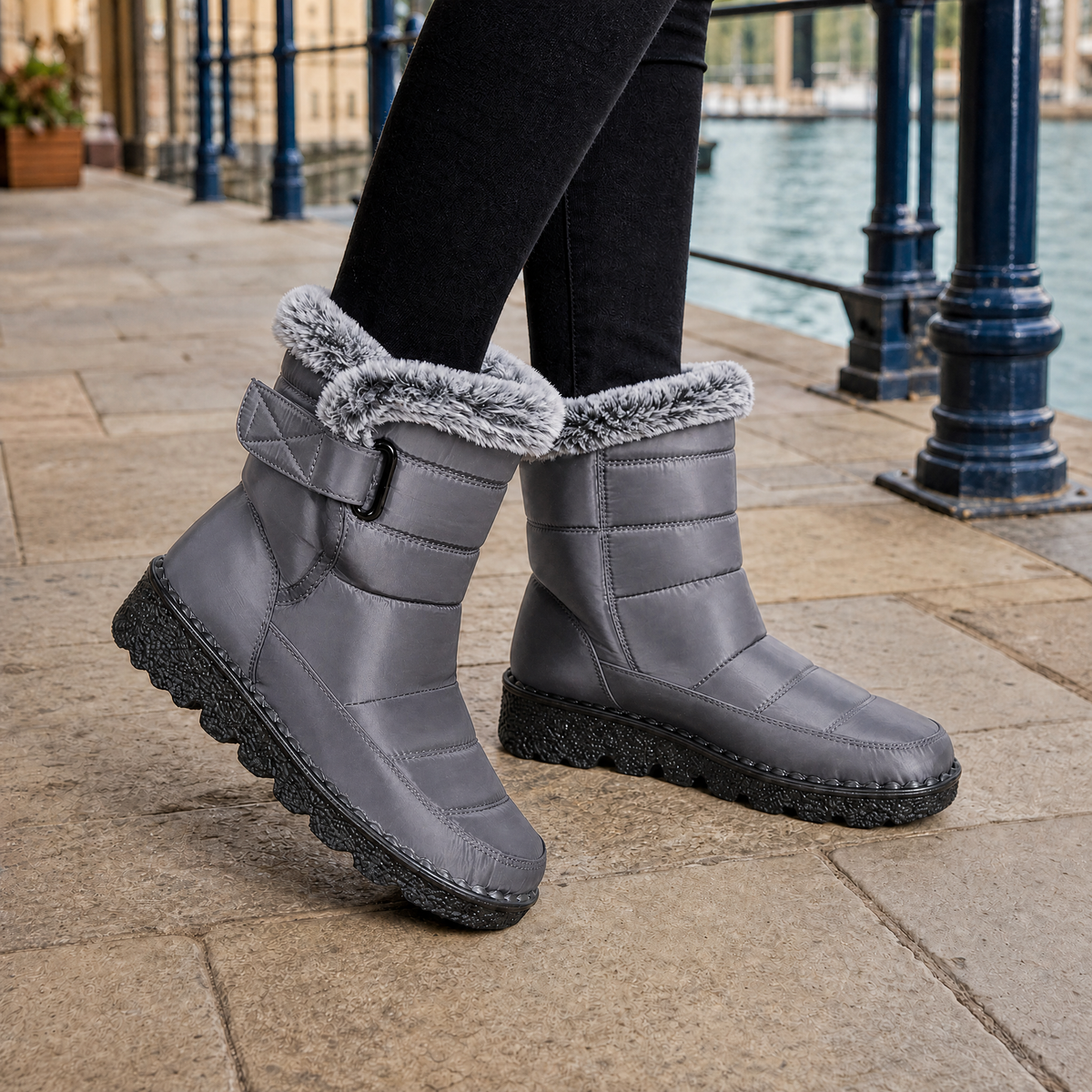 Giuliani Fur-Trim Boots - Gray Fur Collar