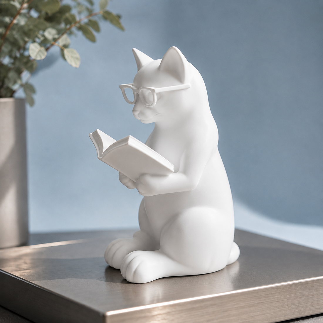 Hugo Reading Cat Statue - White