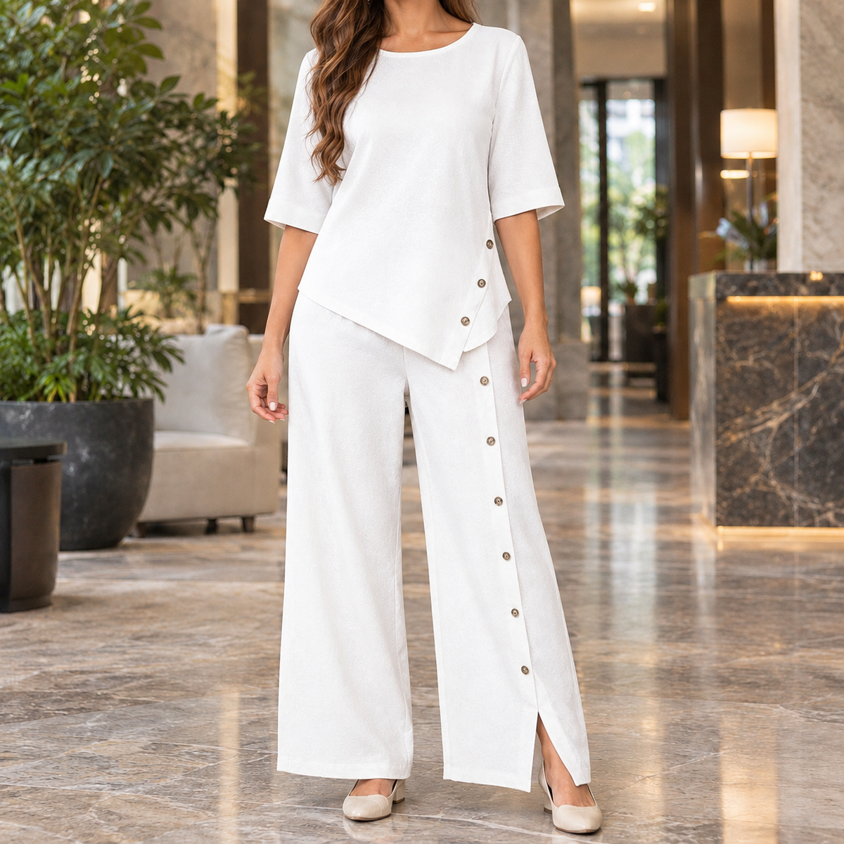Ancelin Asymmetric Pants Set - White