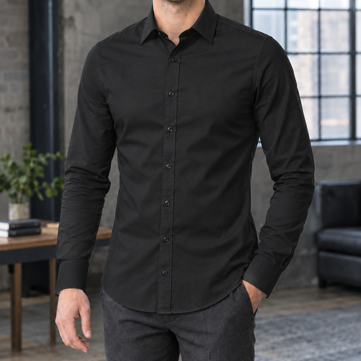 Ancel Slim Fit Shirt - Solid Black